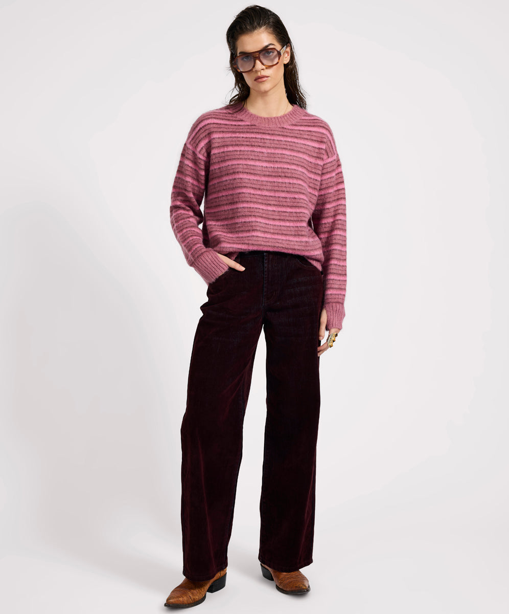 Striped Fluffy Mohair Knit Sweater - Pink Stripe
