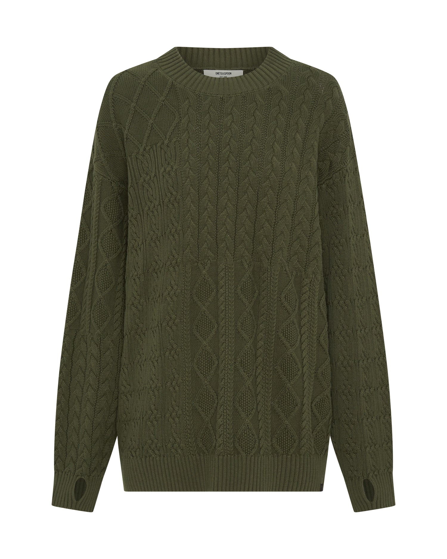Mixed Cable Cotton Knit Sweater - Khaki