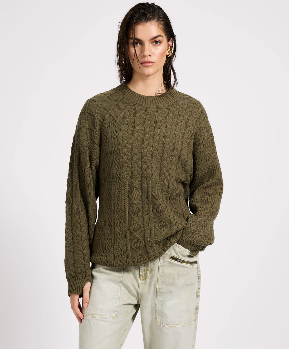 Mixed Cable Cotton Knit Sweater - Khaki