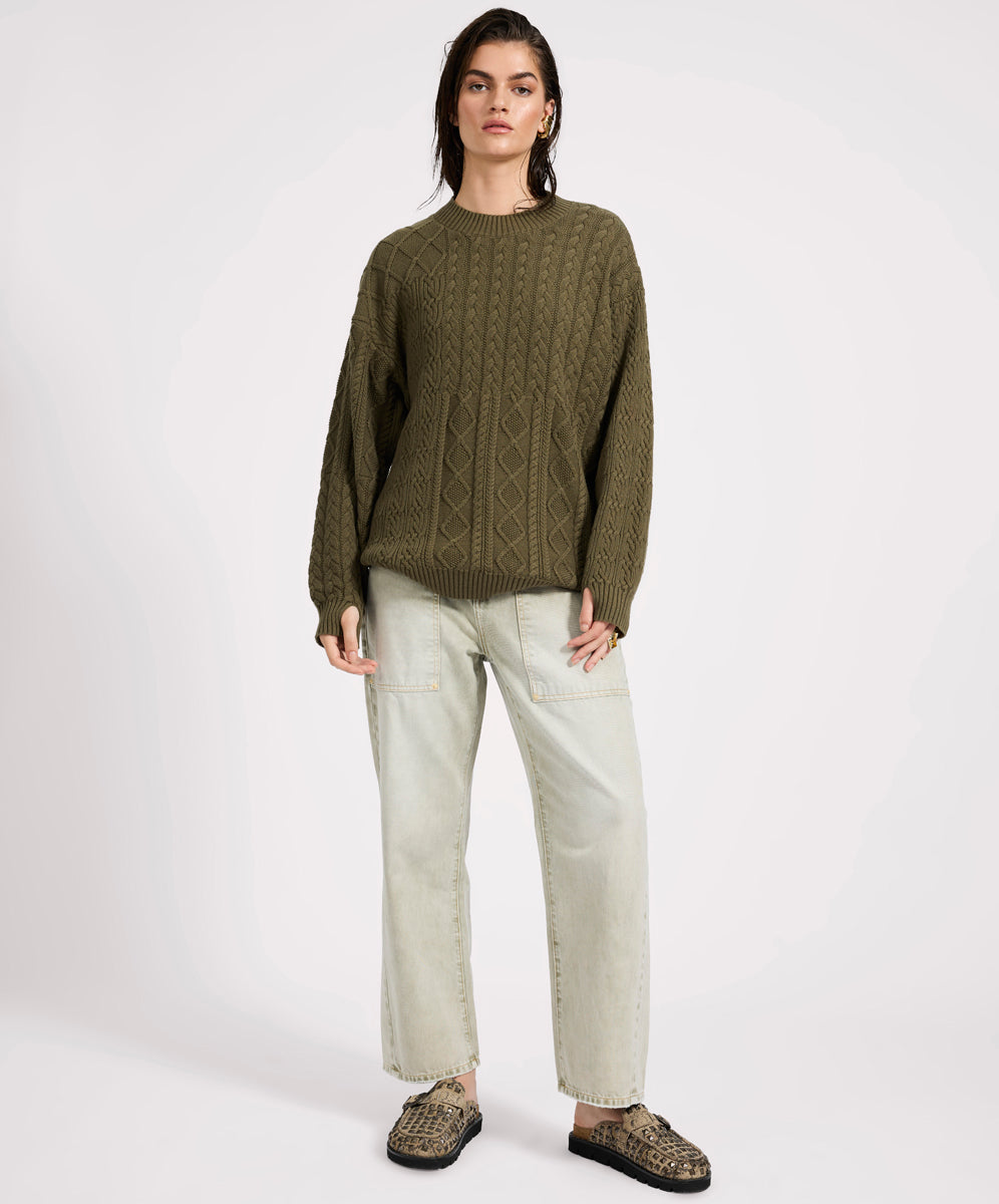 Mixed Cable Cotton Knit Sweater - Khaki