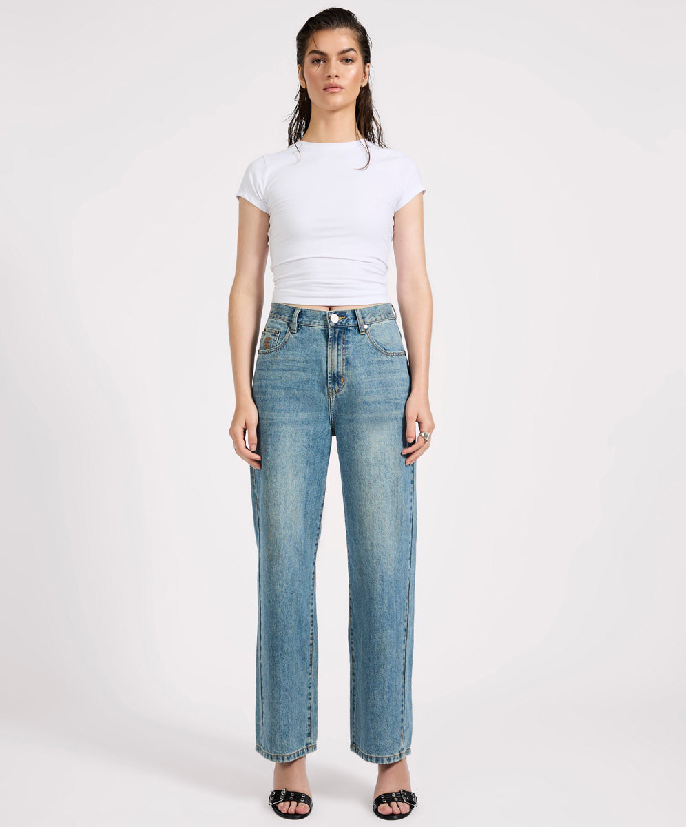 Dirty Blue Denim Baxters Mid Waist Straight Leg Denim Jeans - Used Blue