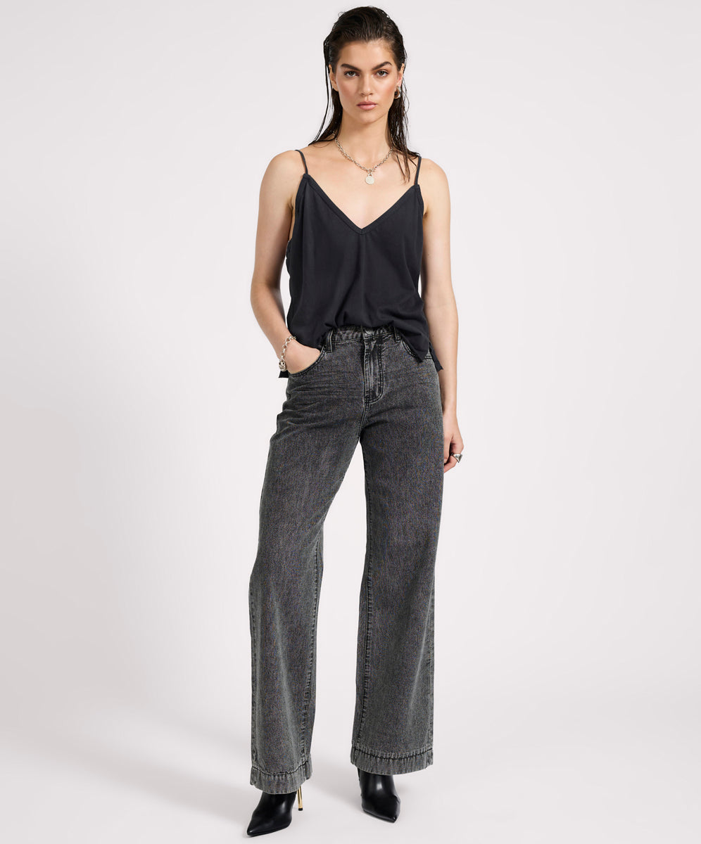 Women's Wide Leg Denim Jeans Jackson Mid Waist Wide Leg Denim Jeans - Worn Black