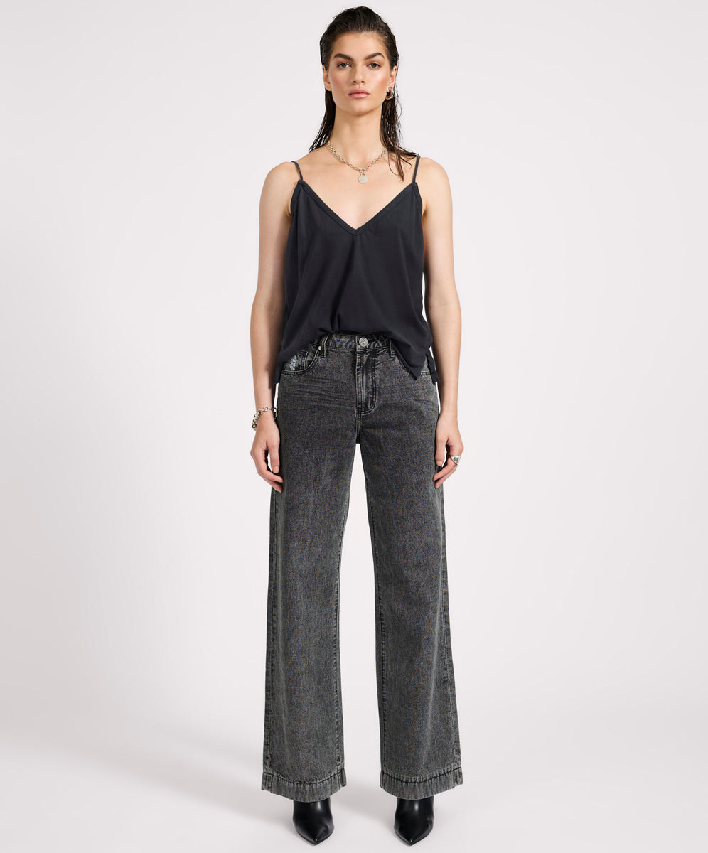 Women's Wide Leg Denim Jeans Jackson Mid Waist Wide Leg Denim Jeans - Worn Black
