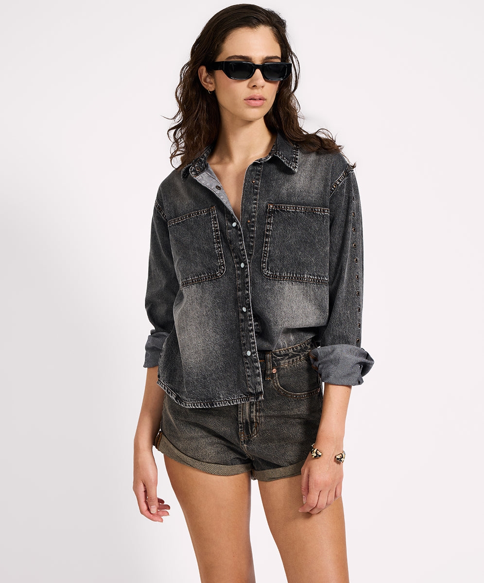 Women's Denim Nixie Eyelet Classic Fit Denim Shirt - Charcoal Black