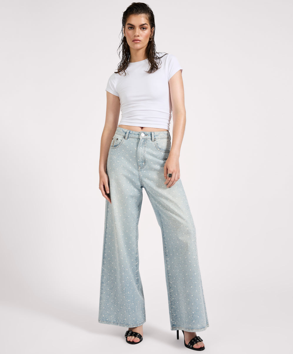 Women's Wide Leg Denim Jeans Love Machines Mid Waist Super Wide Leg Denim Jeans - Blue Sparkle