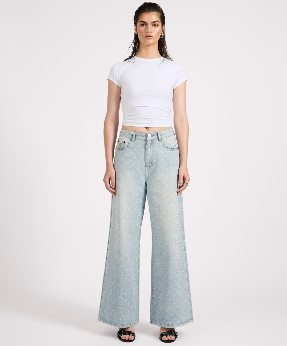 Women's Wide Leg Denim Jeans Love Machines Mid Waist Super Wide Leg Denim Jeans - Blue Sparkle