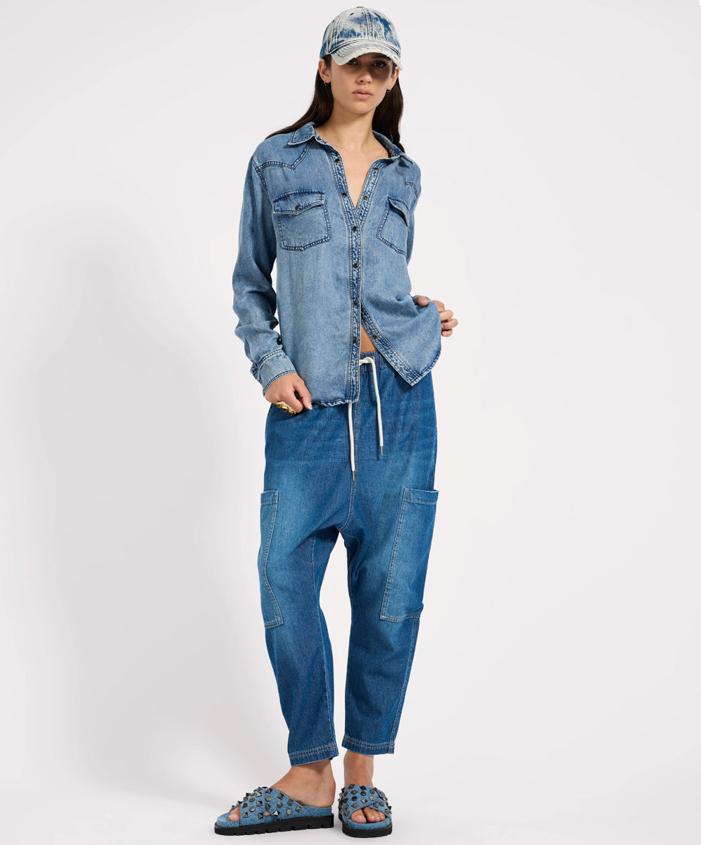 Isla Low Waist Drawstring Harem Denim Jeans - Blue Pasadena