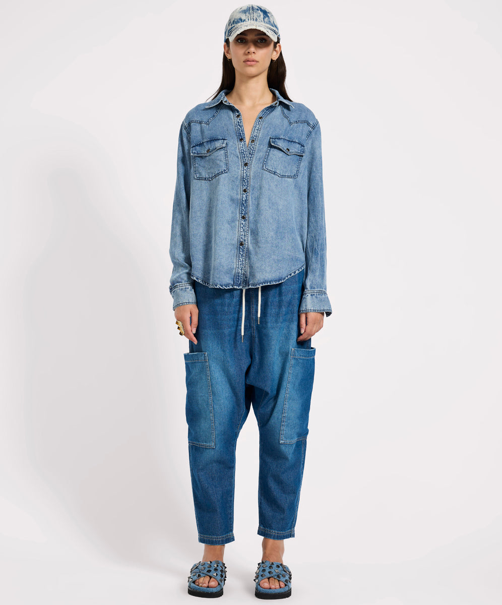 Isla Low Waist Drawstring Harem Denim Jeans - Blue Pasadena