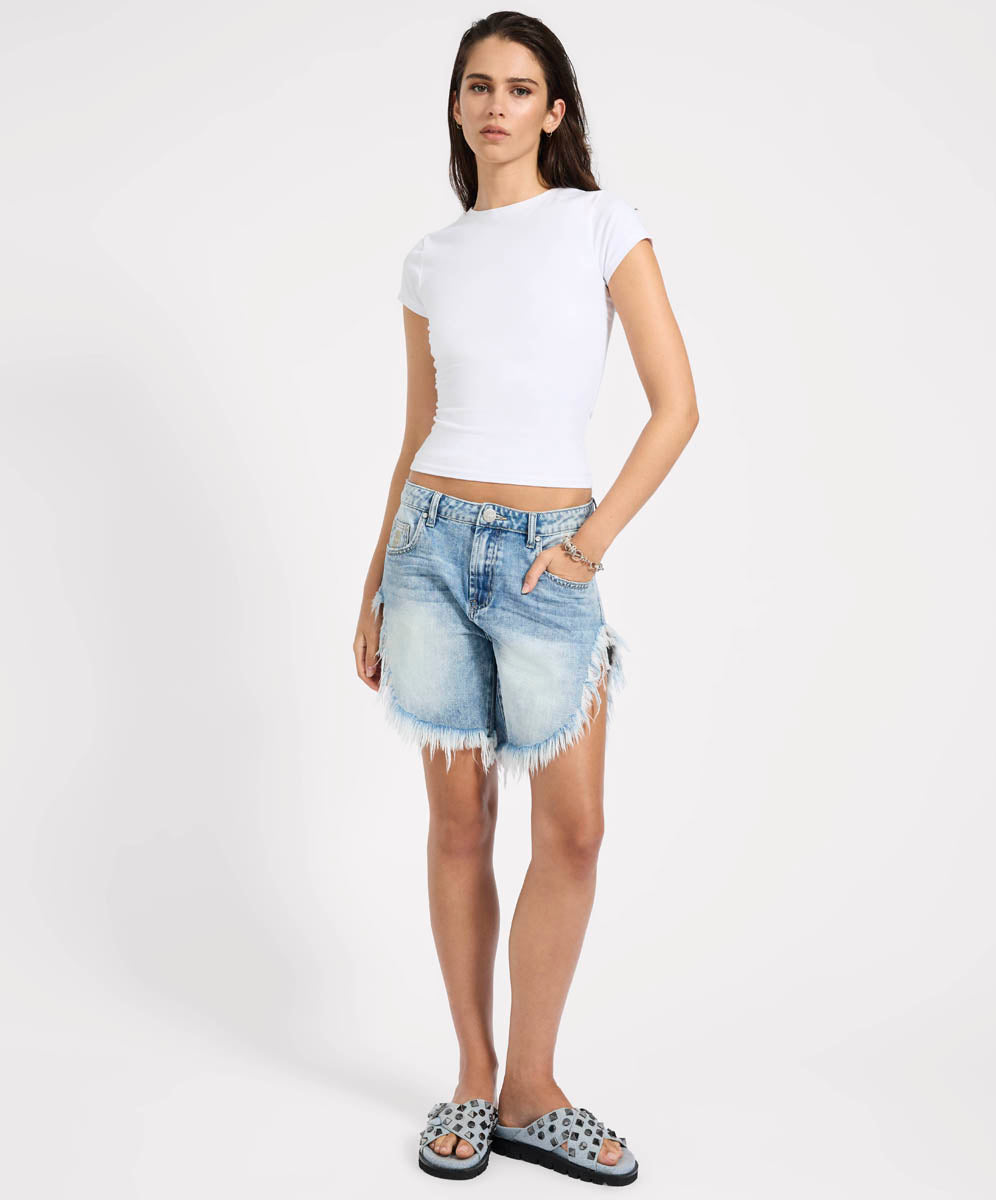 Last Stock Frankies Low Waist Long Length Denim Shorts - Sunset Blue