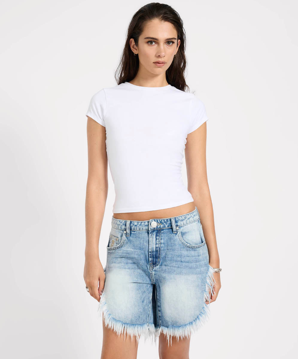 Last Stock Frankies Low Waist Long Length Denim Shorts - Sunset Blue