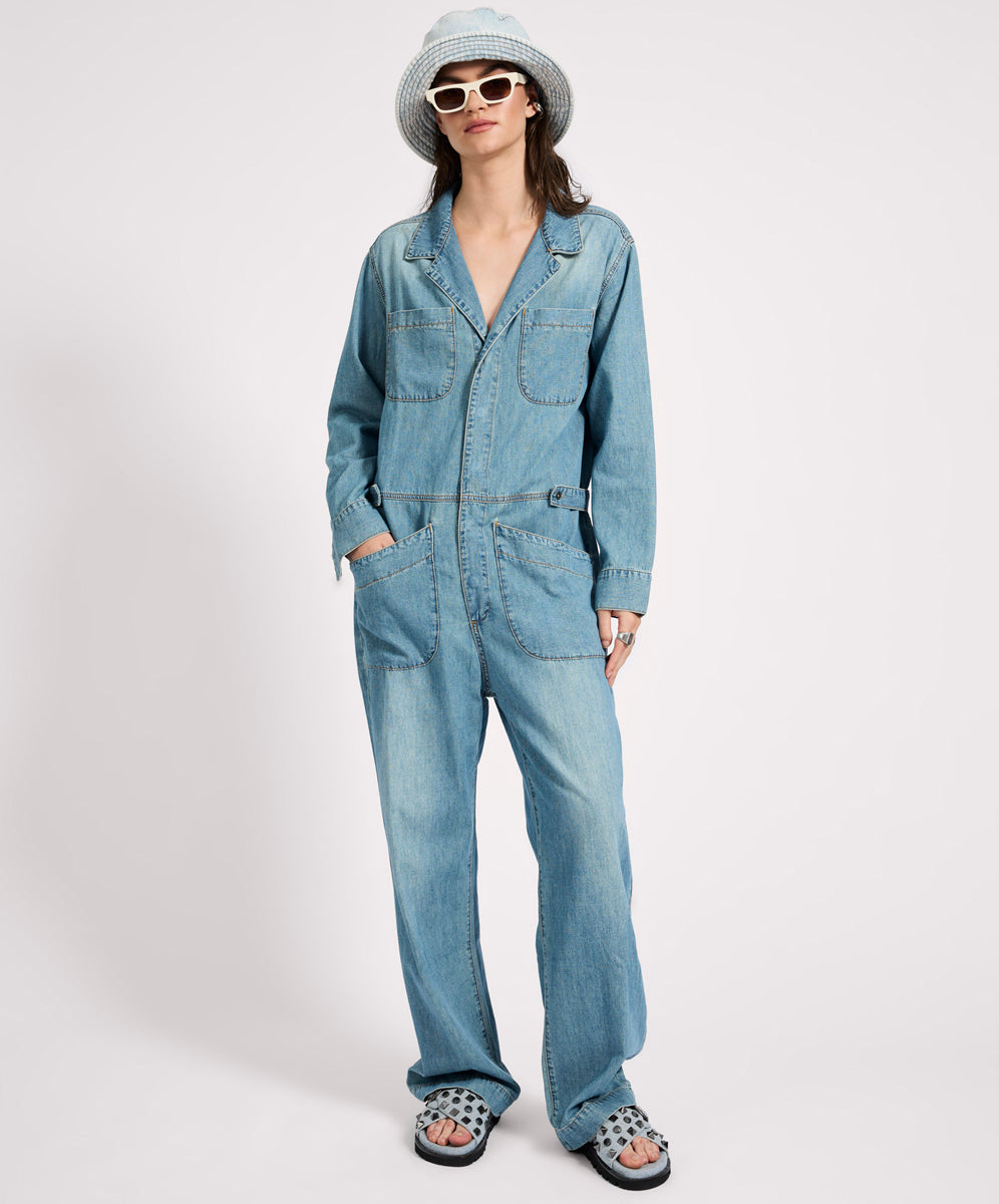 Full Price Safari Oversized Boiler Denim Jumpsuit - Used Blue