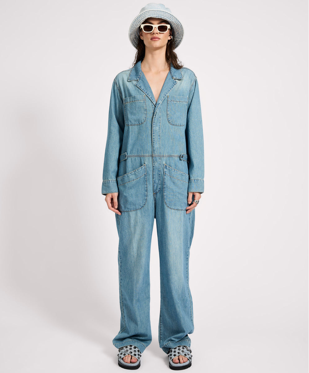 Full Price Safari Oversized Boiler Denim Jumpsuit - Used Blue