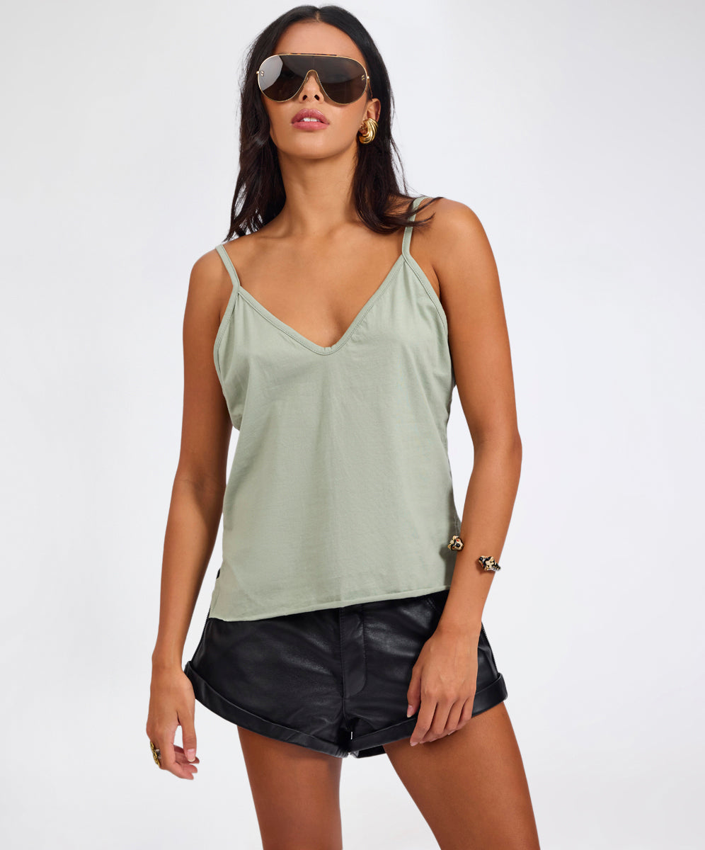 Deep V Front Cotton Singlet - Khaki