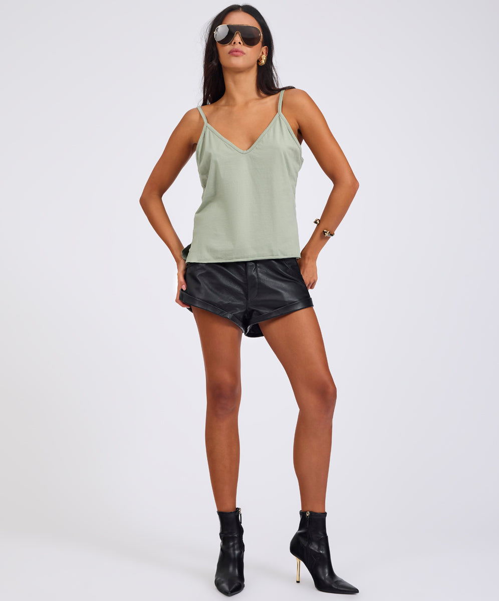 Deep V Front Cotton Singlet - Khaki