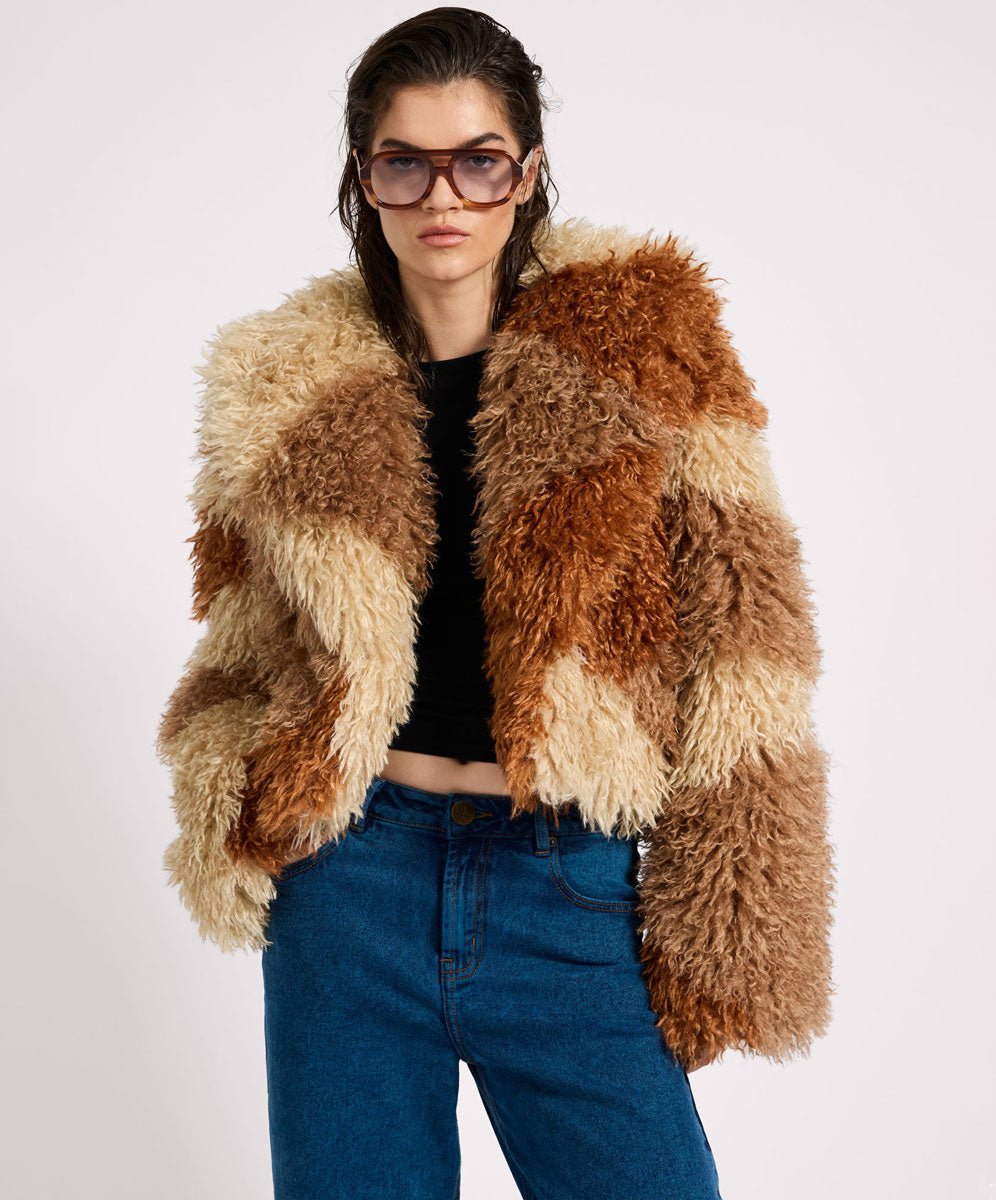 Mongolian Cropped Faux Fur Jacket Tan One Teaspoon
