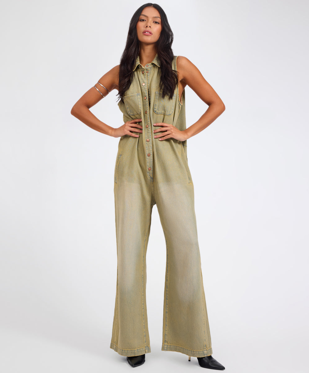 Full Price Braxton Wide Leg Long Length Denim Jumpsuit - Warm Khaki