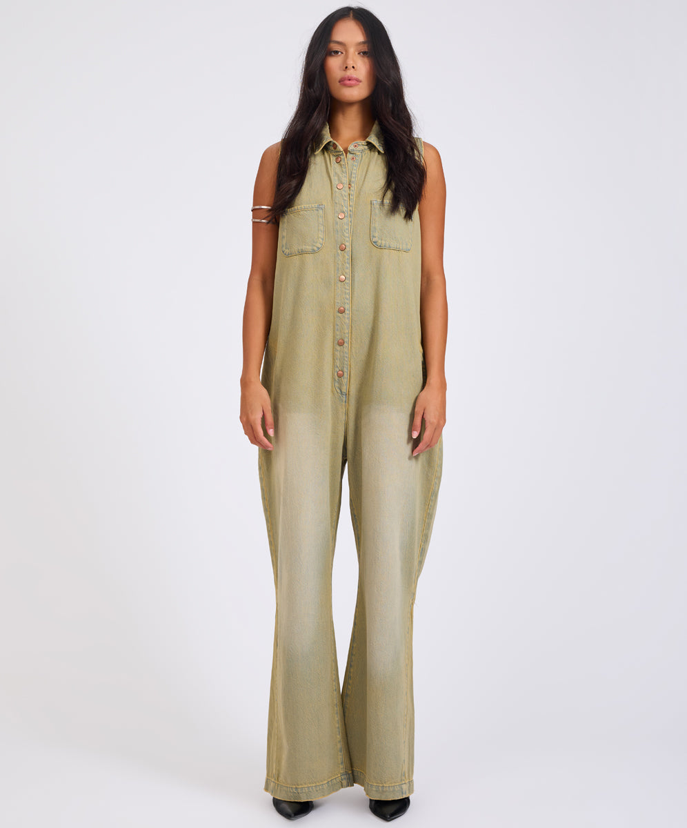 Full Price Braxton Wide Leg Long Length Denim Jumpsuit - Warm Khaki