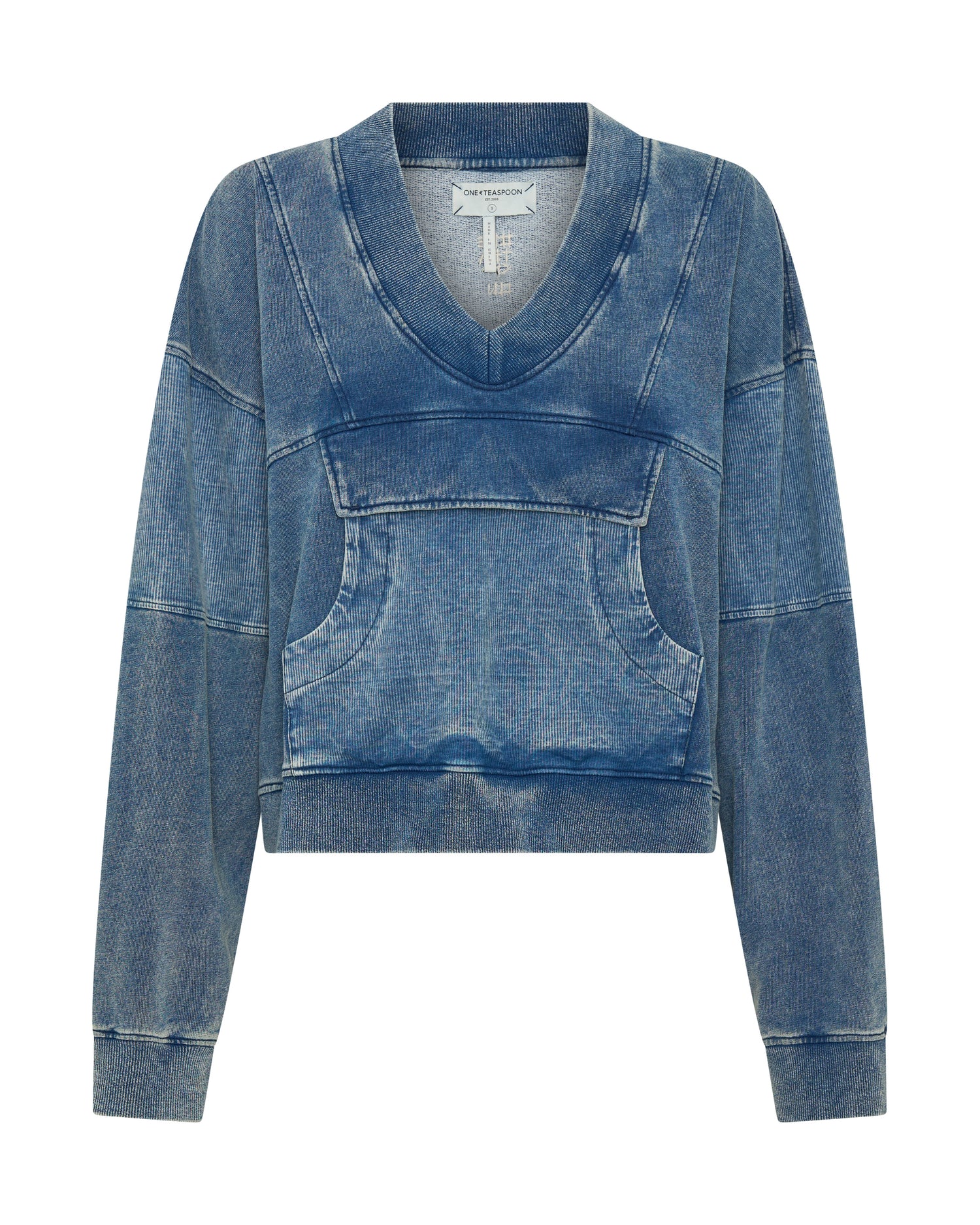Rebel In Bloom Retro Fade Panelled V Sweater - Washed Blue