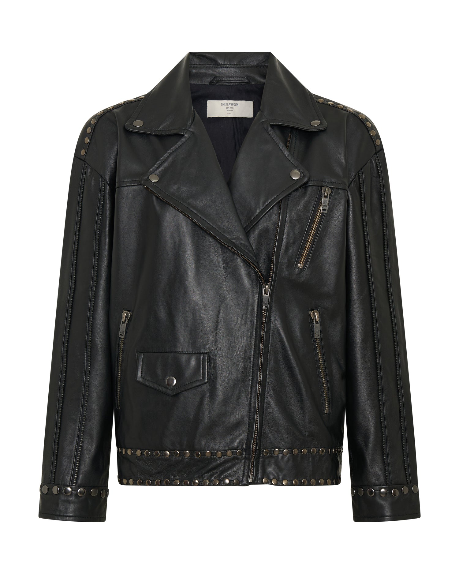 Rebel In Bloom Biker Studded Zipped Leather Jacket - Black
