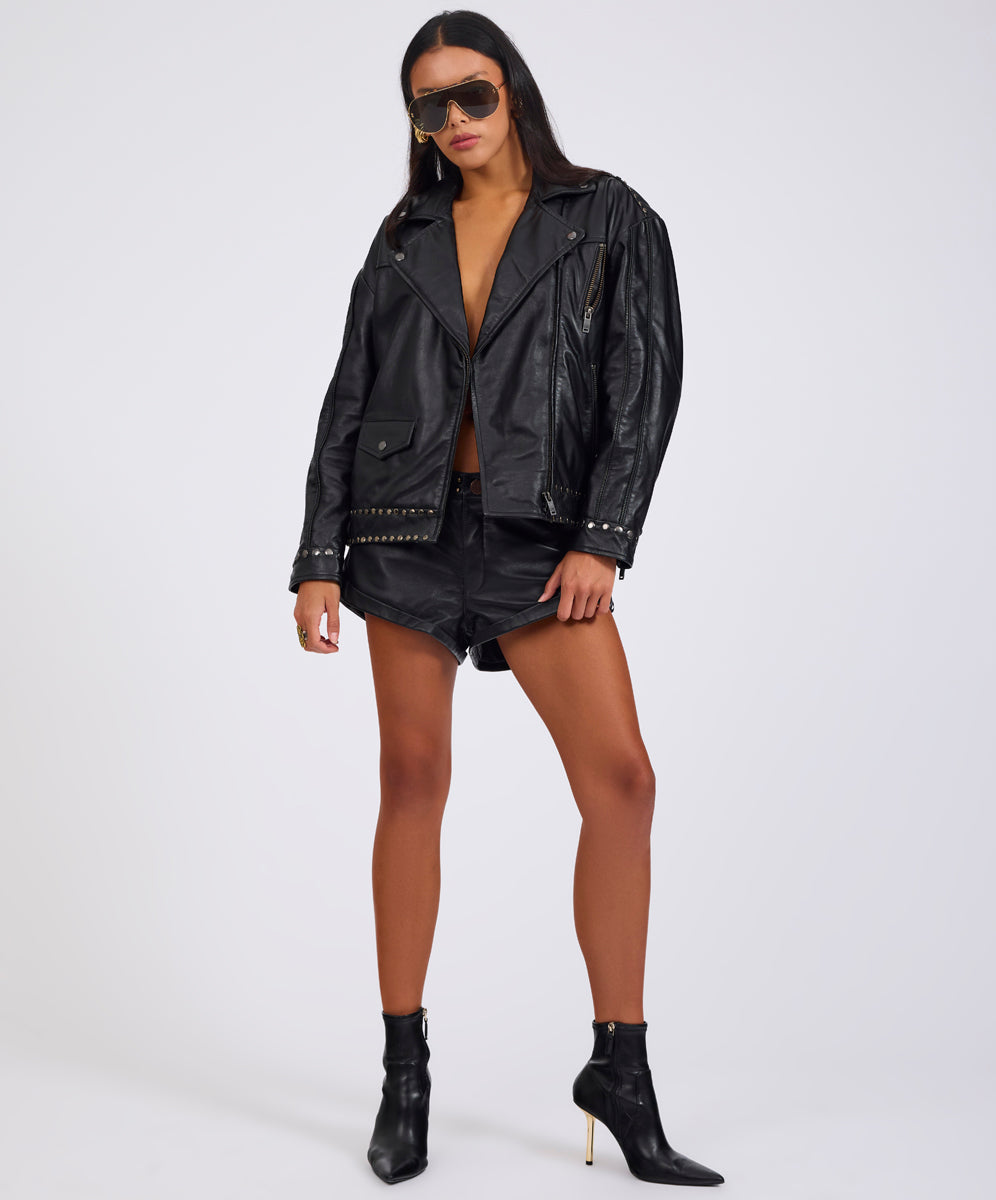 Rebel In Bloom Biker Studded Zipped Leather Jacket - Black