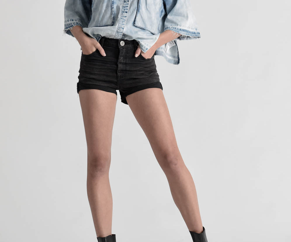 SUPERSTAR BLACK HARLETS HIGH WAIST STRETCH DENIM SHORTS