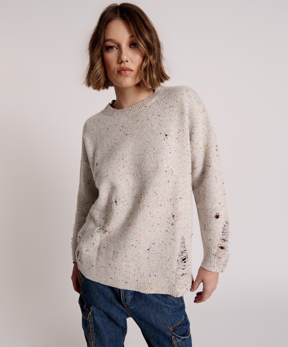 Products Distressed Fisherman Knit Sweater - Natural