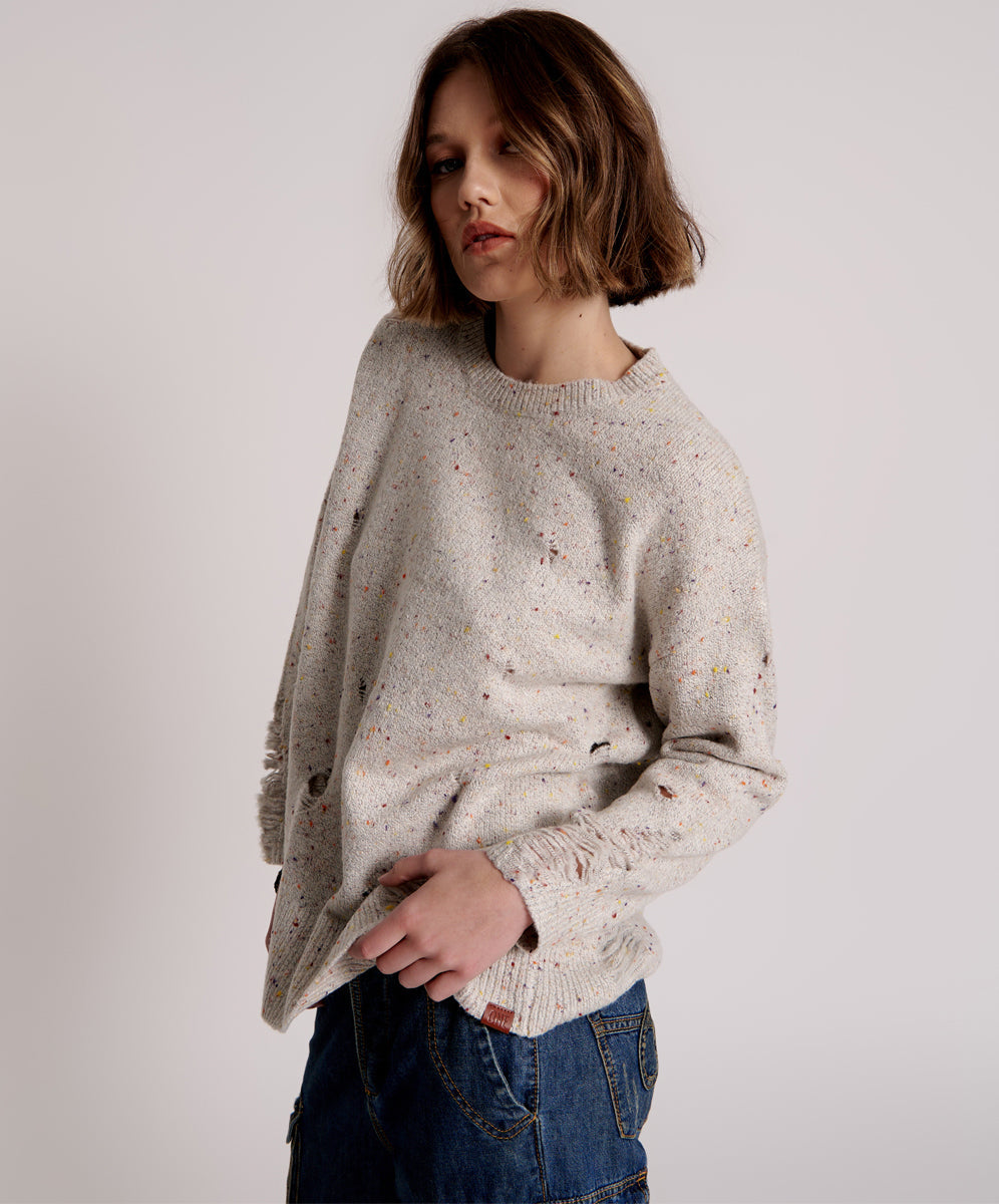 Products Distressed Fisherman Knit Sweater - Natural