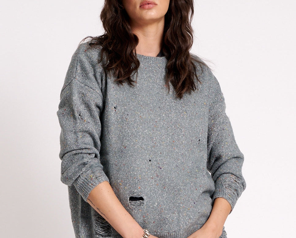Distressed Fisherman Knit Sweater - Grey