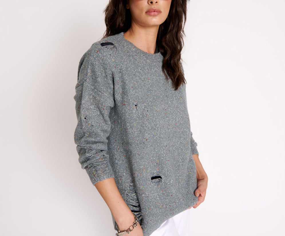 Distressed Fisherman Knit Sweater - Grey