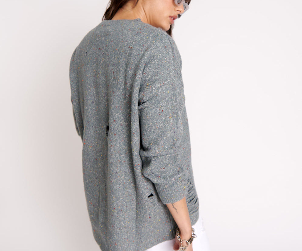 DISTRESSED FISHERMAN KNIT SWEATER GREY