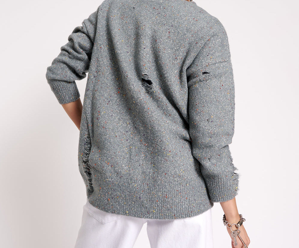 Distressed Fisherman Knit Sweater - Grey