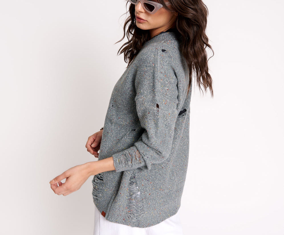 Distressed Fisherman Knit Sweater - Grey