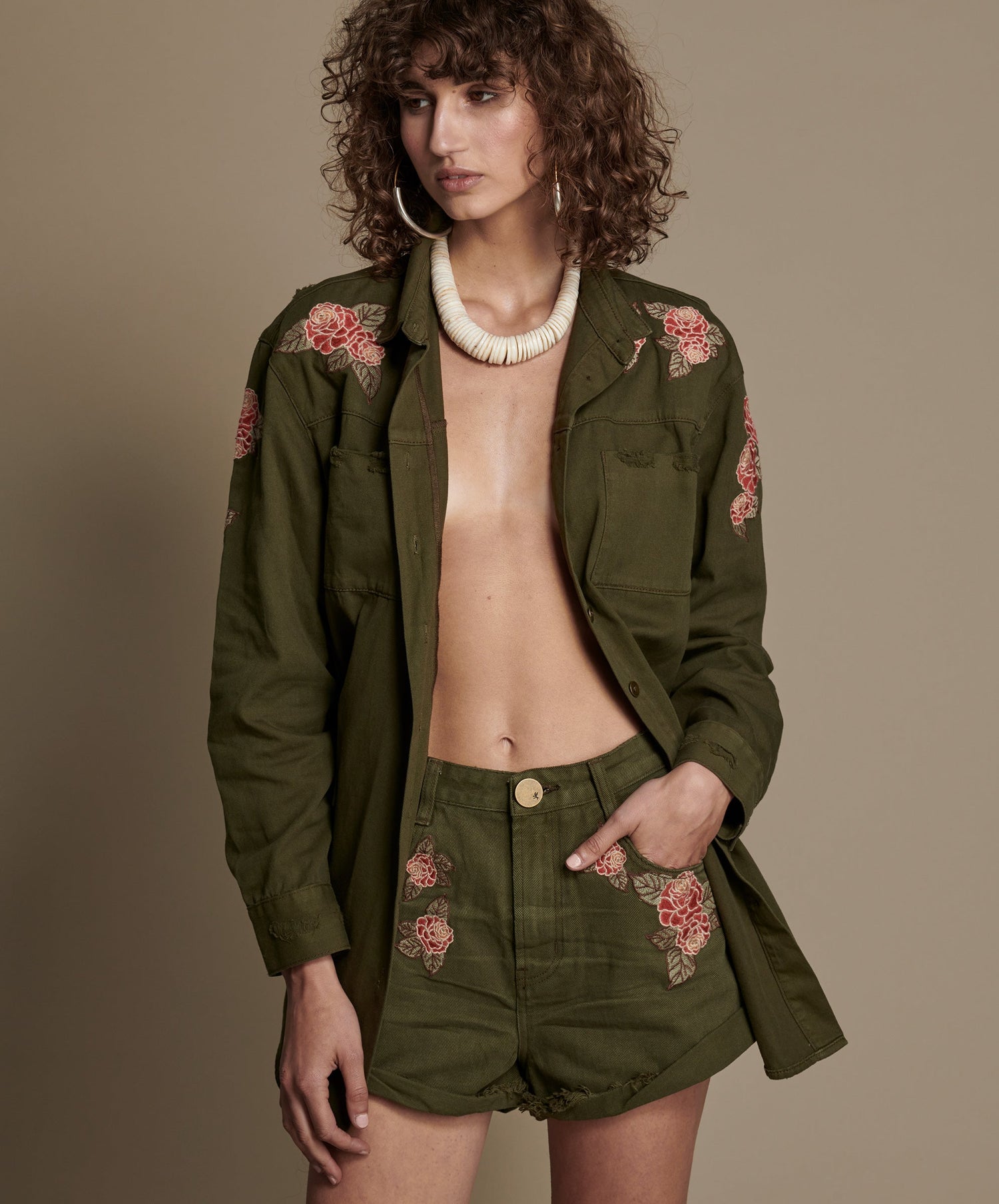 Products Bandits High Waist Denim Shorts - Olive Green