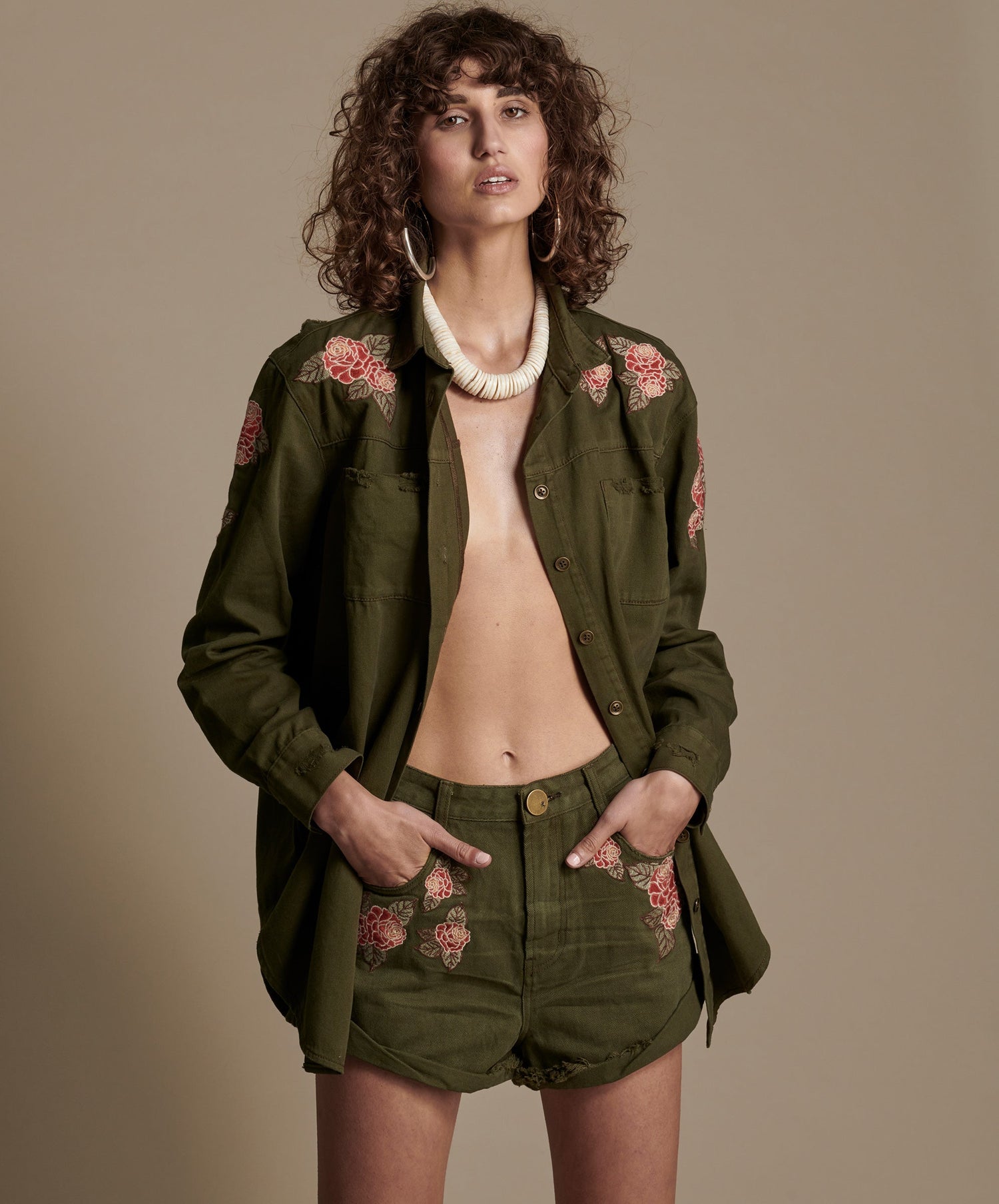 Products Bandits High Waist Denim Shorts - Olive Green