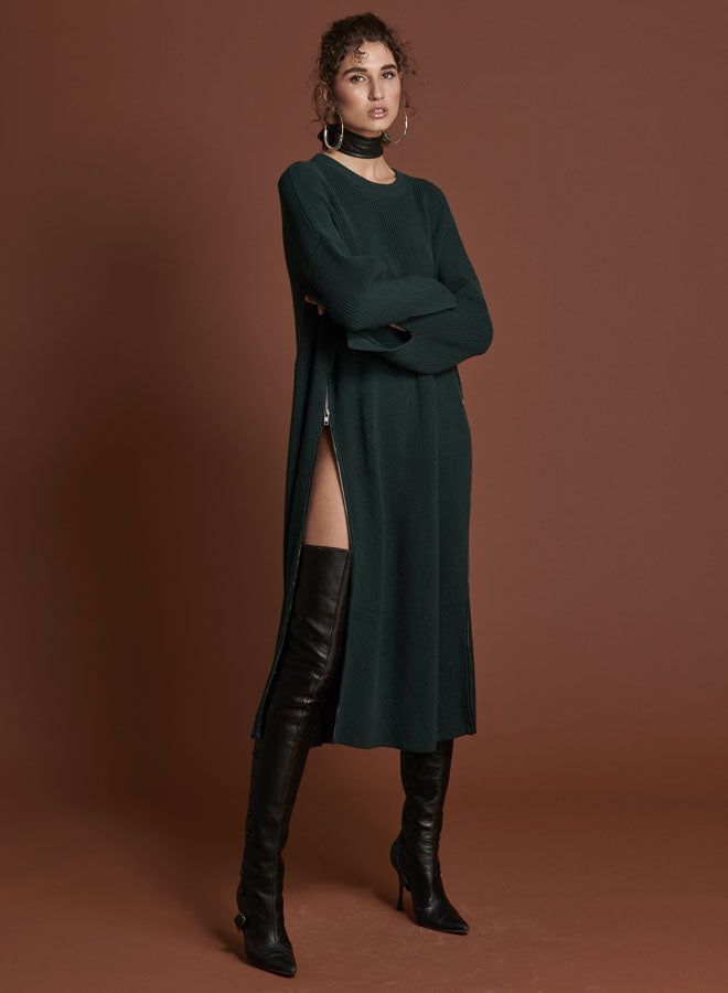 Products BOTTLE GREEN STUDIO ZIP KNIT DRESS