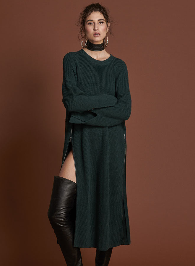 Products BOTTLE GREEN STUDIO ZIP KNIT DRESS
