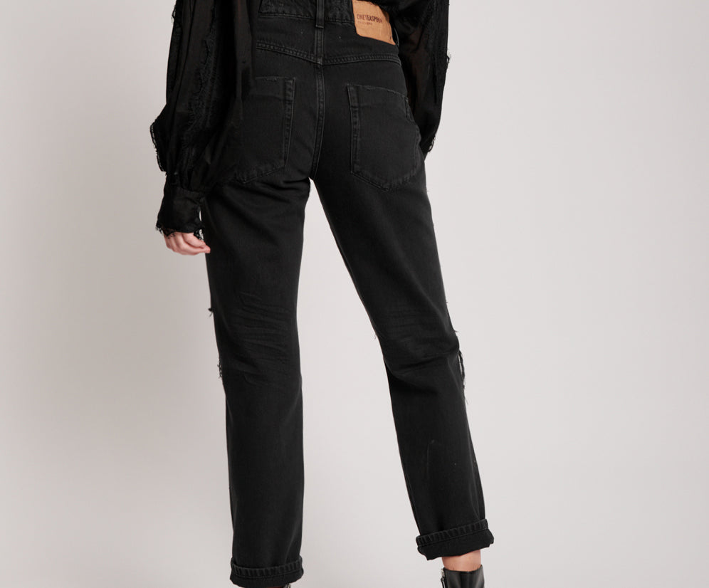 Truckers Mid Waist Straight Leg Denim Jeans - Worn Black