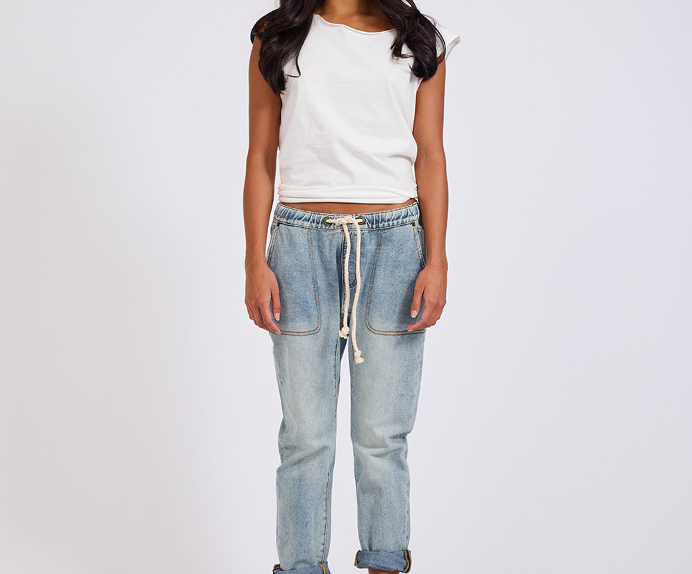 Shabbies Low Waist Drawstring Boyfriend Denim Jeans - Montana