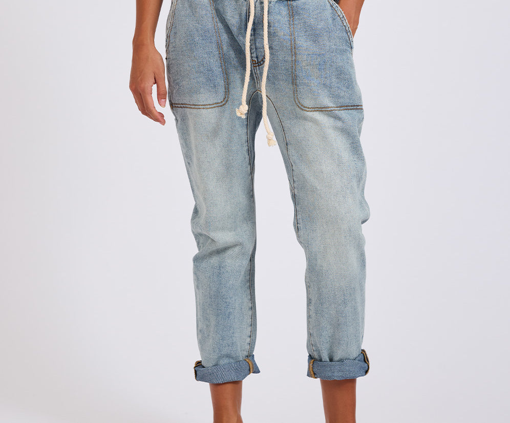 Shabbies Low Waist Drawstring Boyfriend Denim Jeans - Montana