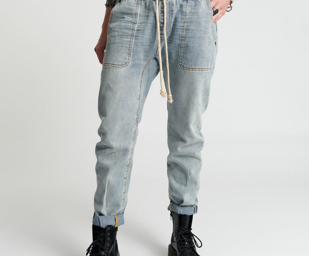 MONTANA SHABBIES DRAWSTRING BOYFRIEND JEANS BLUE