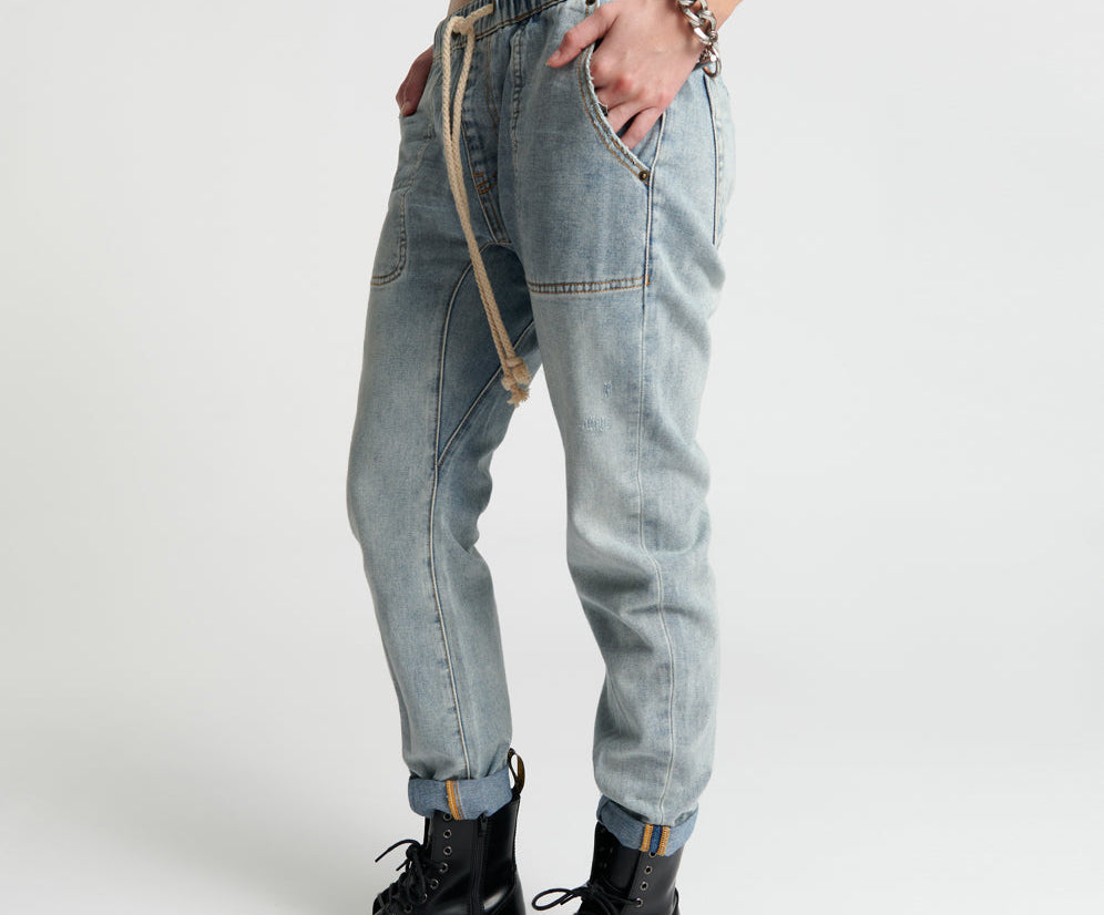 MONTANA SHABBIES DRAWSTRING BOYFRIEND JEANS BLUE