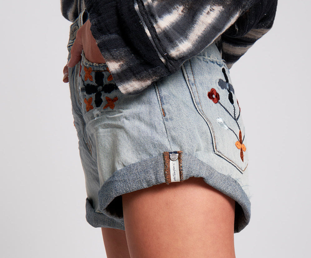 Bandits High Waist Embroidered Denim Shorts - Sunbleach Blue