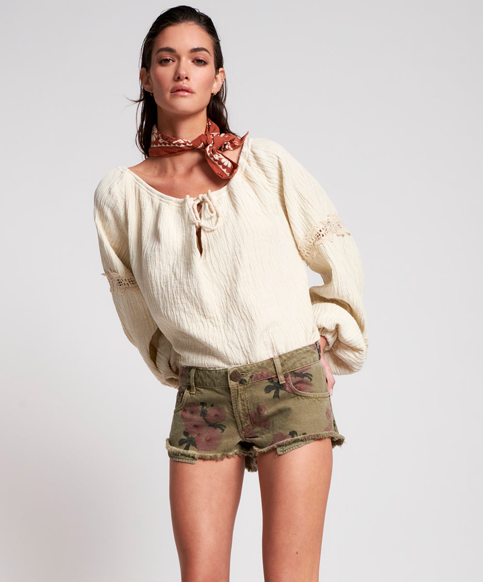 Products KHAKI HIBISCUS DUKES LOW WAIST MINI DENIM SHORTS