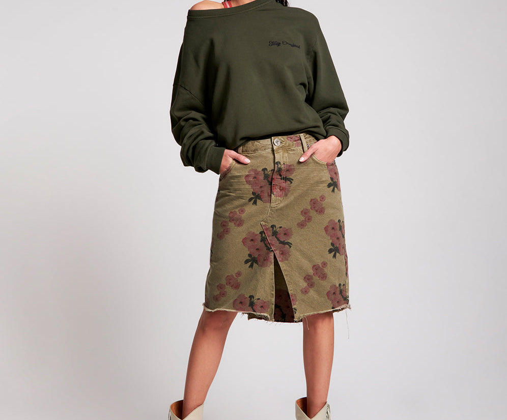 KHAKI HIBISCUS LONGLINE TRUCKER MID WAIST DENIM SKIRT