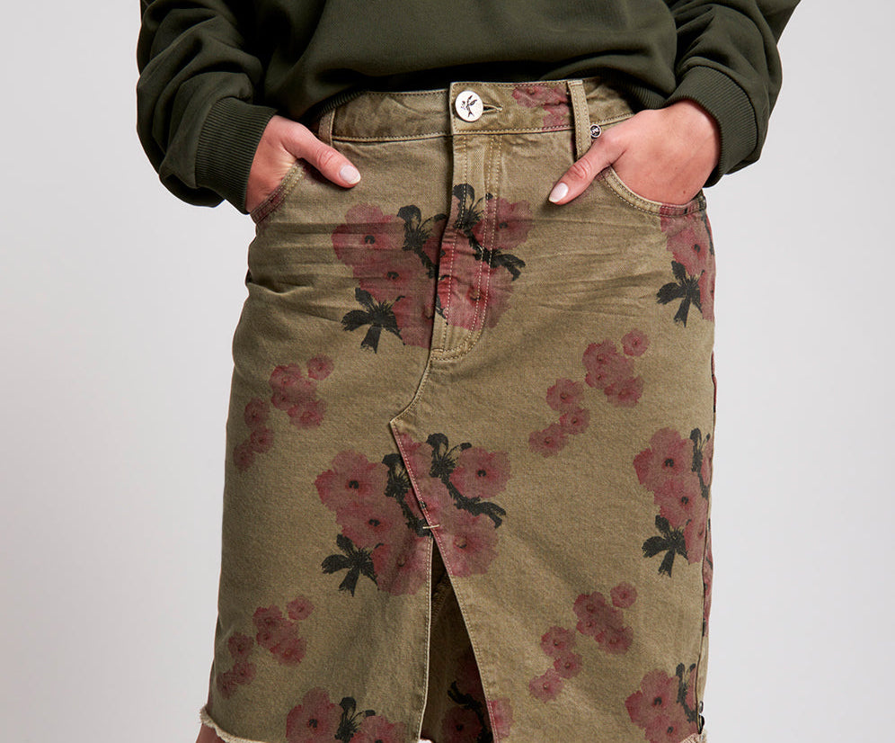 KHAKI HIBISCUS LONGLINE TRUCKER MID WAIST DENIM SKIRT