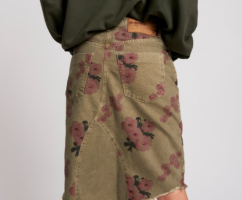 KHAKI HIBISCUS LONGLINE TRUCKER MID WAIST DENIM SKIRT