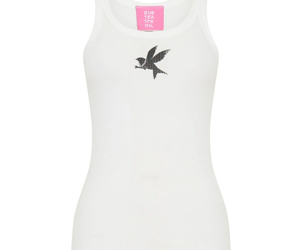 One Teaspoon Logo Bower Bird Ribbed Singlet - White