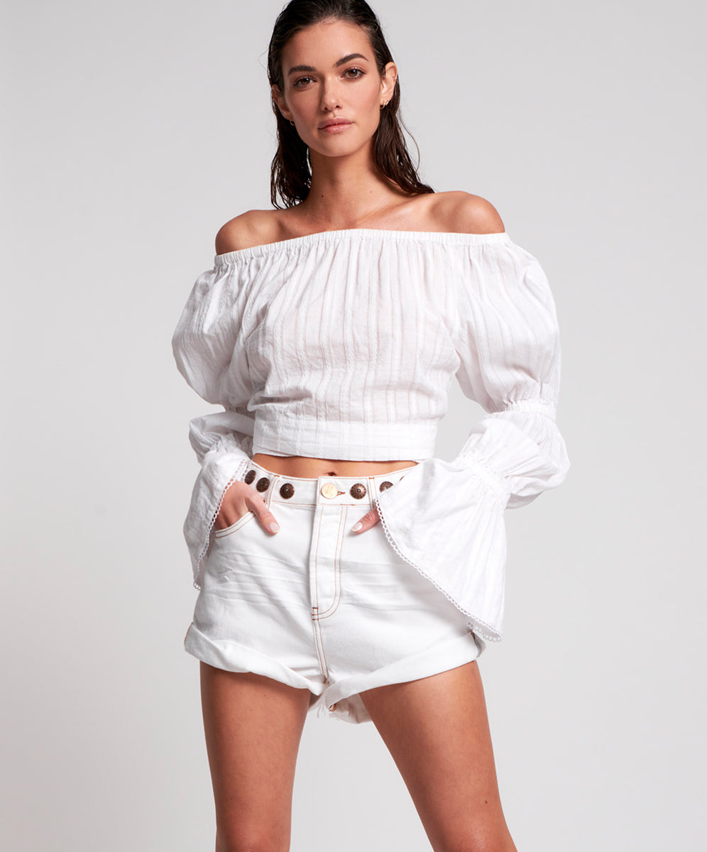 Products Bandits High Waist Studded Denim Shorts - White Beauty