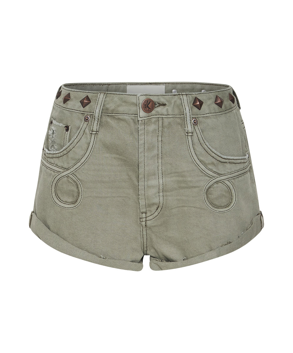 Products Bandits Mid Waist Studded Denim Shorts - Super Khaki