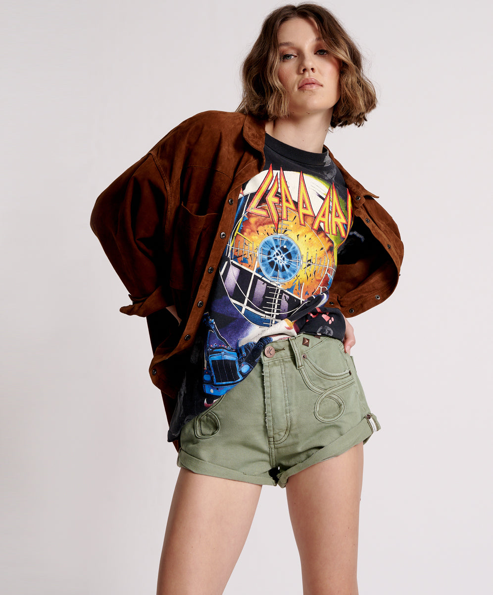 Products Bandits Mid Waist Studded Denim Shorts - Super Khaki